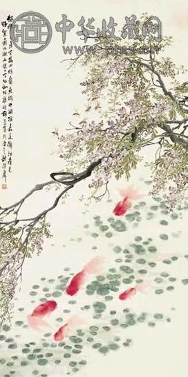 胡荣 丁卯(1927年)作 蜂藤游鱼图 立轴 设色纸本
