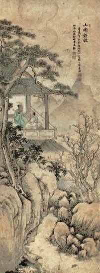 陈景钟 山阁读经图 立轴 设色纸本