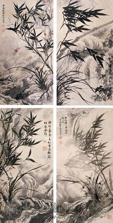 溥雪斋 溥毅斋 溥松窗 四屏 立轴 设色纸本