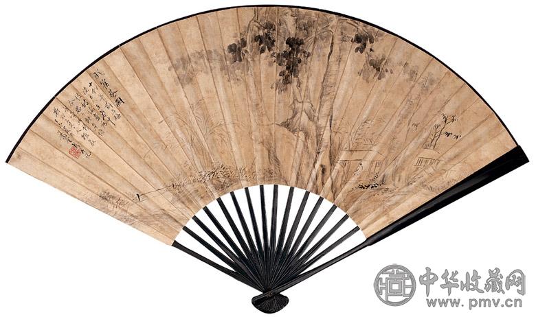 金心兰 张鸣珂 1897年作 眠雀庵图 行楷 成扇 水墨泥金笺纸本