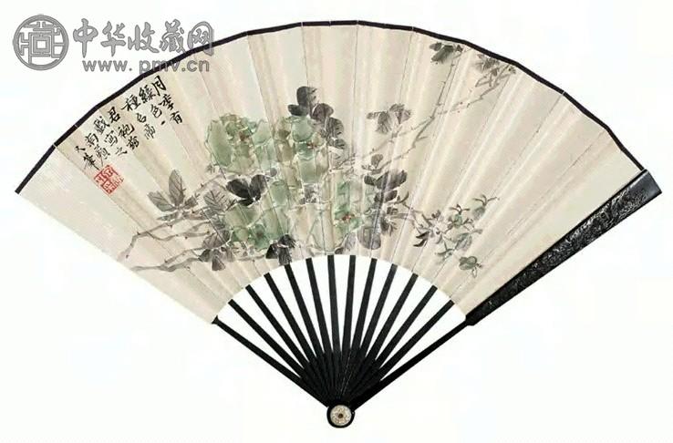 江采 1941年作 秋林古寺 成扇 设色纸本