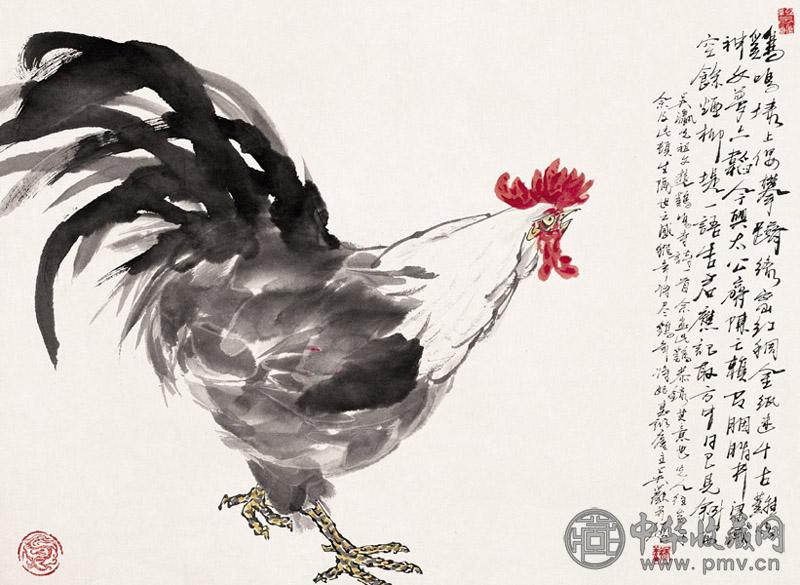 吴欢 鸡鸣 镜心 设色纸本