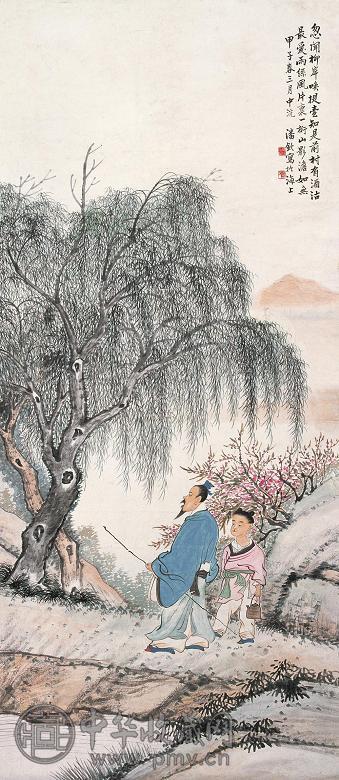 潘钦 1924年作 柳岸沽酒 立轴 纸本设色