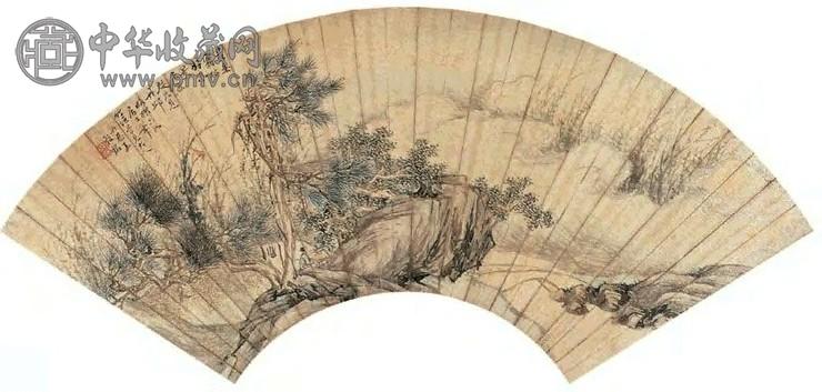 王敬铭 松云读书图 扇面 设色洒金笺本