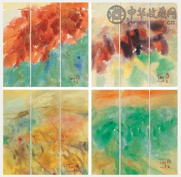唐海文 抽象山水 (三联作) 水彩 纸本