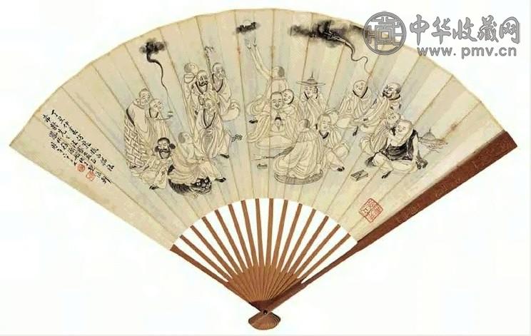 徐源舫 白描罗汉图 书法 扇面 十六档 水墨泥金笺