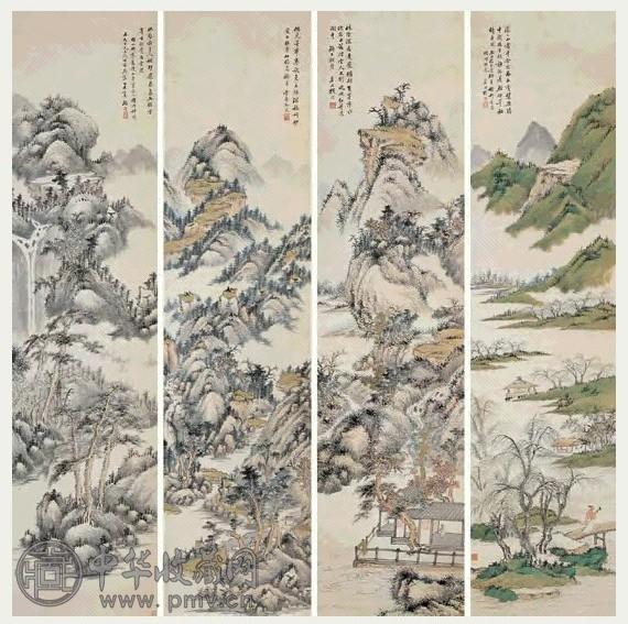 近现代 顾鎄 溪水图 四屏