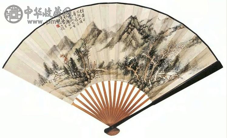 汪仲山 顾景翔 溪桥访友图 行书 成扇 设色纸本