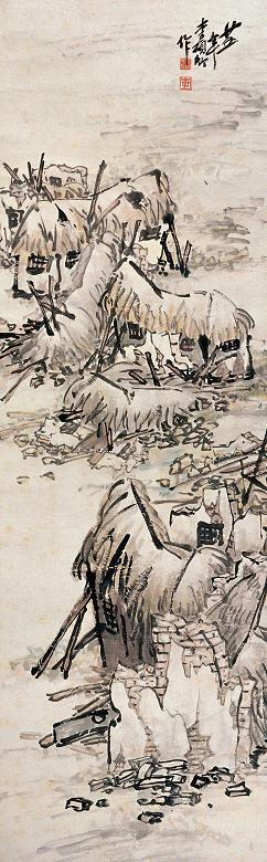 李硕卿 茅屋参差 立轴 设色纸本