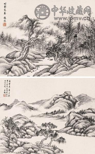 顾鹤逸 山水二幀 水墨纸本