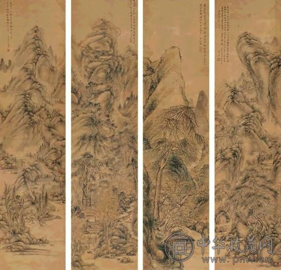 张宜尊 1817年作 仿古山水屏 四屏 设色绢本