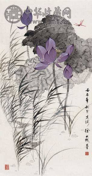 徐书城 壬午(2002年)作 荷花蜻蜓 立轴 设色纸本