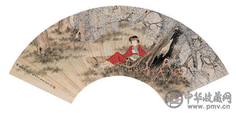 管平湖 1925年作 花荫仕女 扇面片 设色纸本