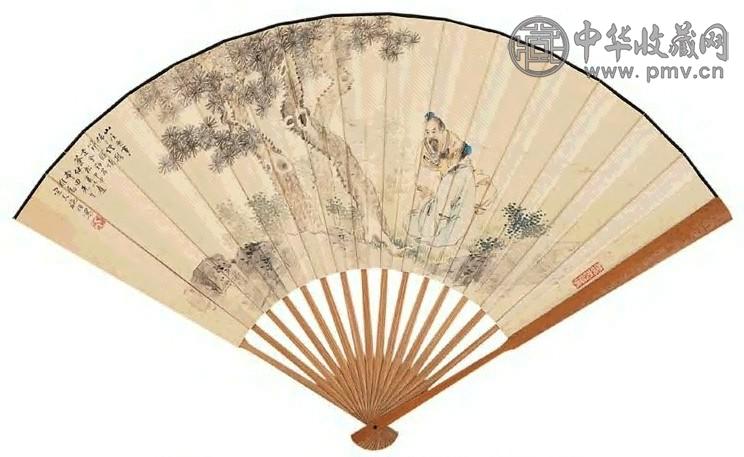 施桢 甲申(1944) 松阴论道 行书 扇面 设色纸本