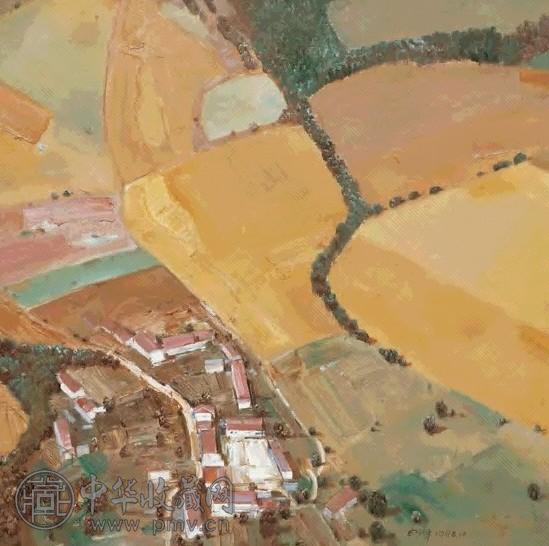白羽平 1998年作 山下村庄 布面油画