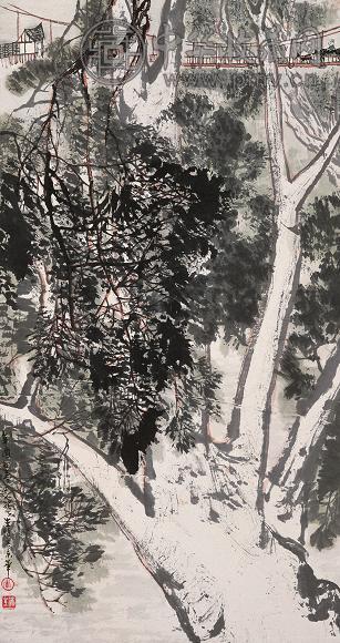 李华生 辛酉(1981年)作 溪桥林密 立轴 设色纸本