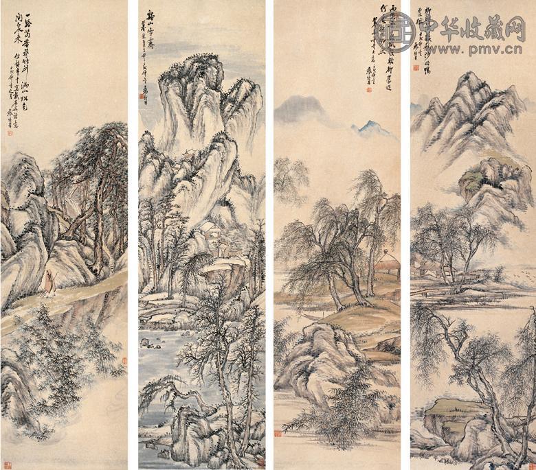 袁培基 1922年作 四季山水 四屏 设色纸本