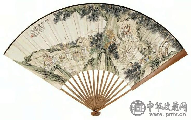 黄亭山 大郎 1942年作 群仙祝寿 行书 成扇 设色发笺本
