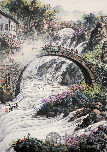 李硕卿 天台拱桥 立轴 设色纸本