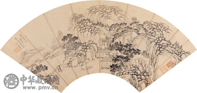 吴伟业 张学曾 1627年作 桃源别墅图(2件) 扇面 水墨纸本