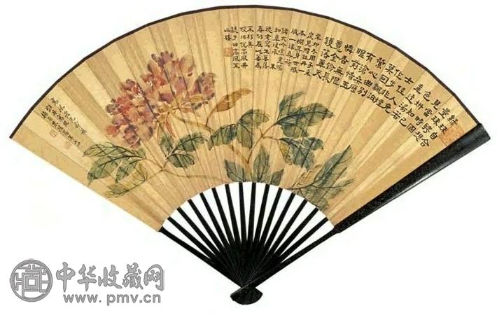 朱葆慈 1893年作 牡丹图、牡丹诗 扇面 设色泥金笺