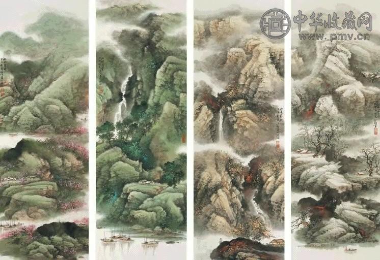 劳继雄 四季山水 四屏 设色纸本