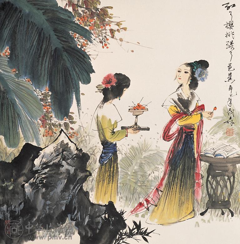 盖茂森 2001年作 红了樱桃绿了芭蕉 镜心 设色纸本