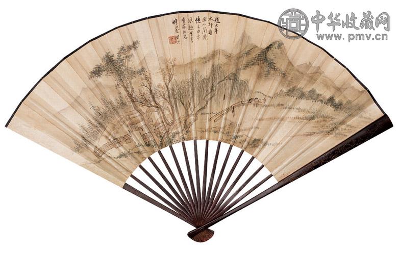 顾澐 汤经常 1877年作 水村图 行书 成扇 设色纸本