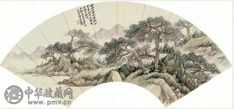 吕万 1927年作 秋山白云 扇面 设色纸本
