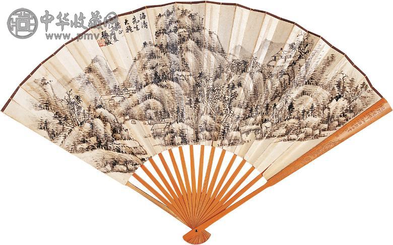 张俊 邱良玉 1945年作 山水 四体书法 成扇 水墨纸本