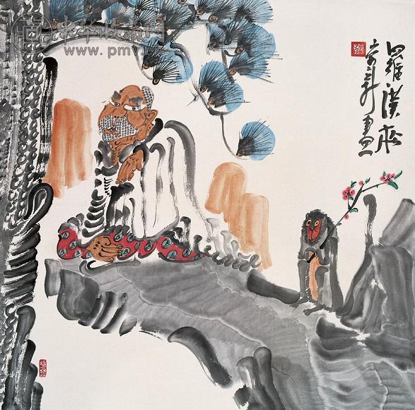 周京新 罗汉松 立轴 设色纸本