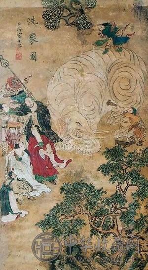 崔子忠 洗象图 镜心 设色纸本