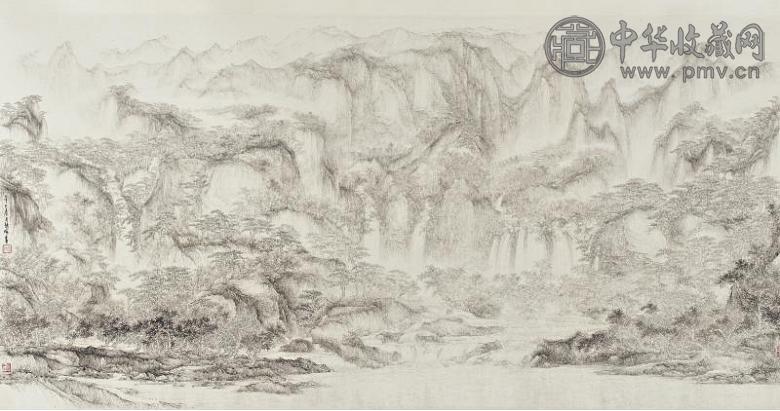 熊海 2001年作 河流 山 飞瀑 水墨纸本