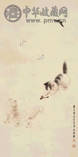 曹克黉 猫蝶图 立轴 设色绢本