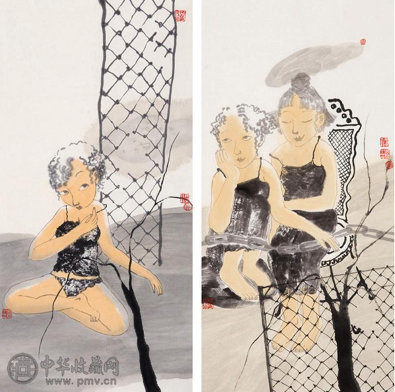 张灵 人物 镜心 设色纸本