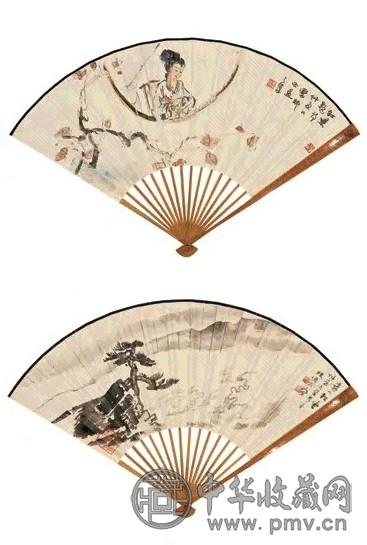 陆俨少 沈子丞 黄山松云图 红叶题诗图 成扇 设色纸本