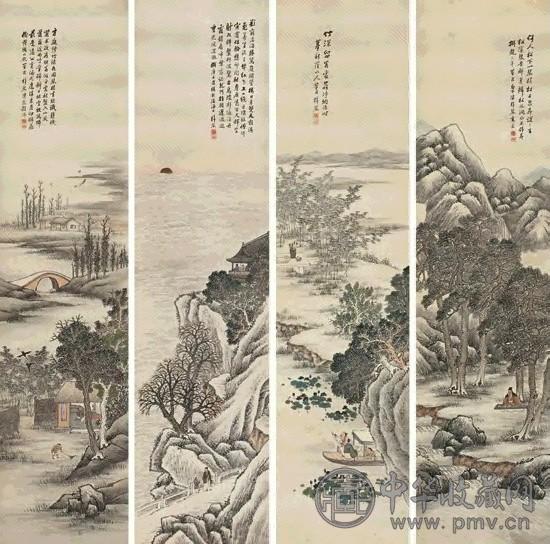 陈梓琴 山水 四屏 设色纸本