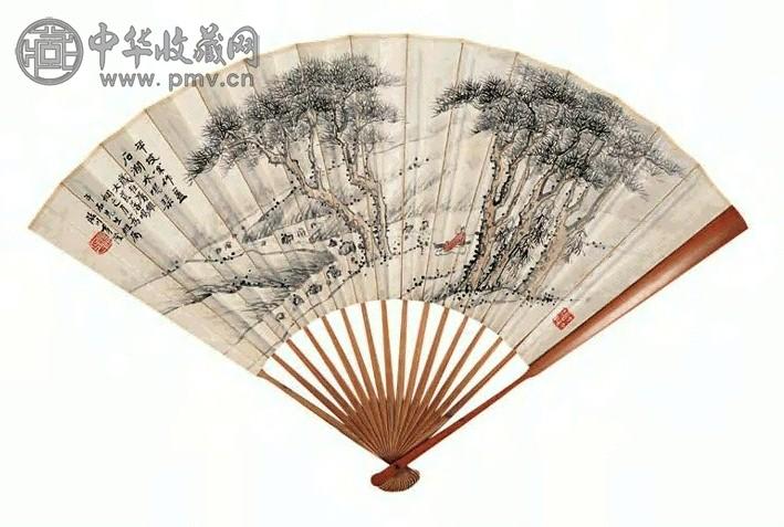 马程 松荫抚琴图 扇面 设色笺本