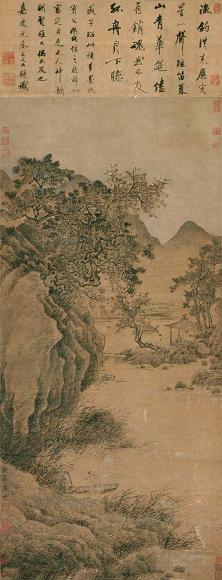 盛懋 渔舟晚笛图 立轴 浅绛纸本