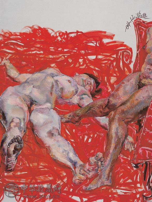 贾涤非 2004年作 红布 女人 布面油画