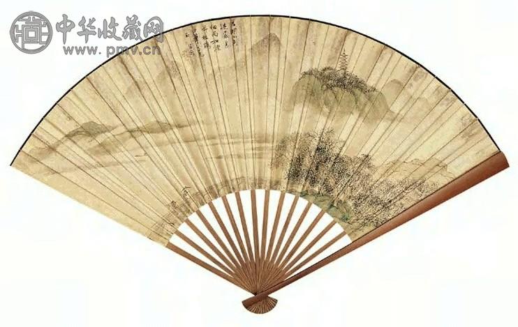 金德鉴 陆兰生 石湖山色 行书 成扇 设色泥金笺本