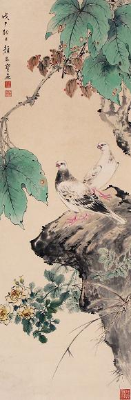 颜家宝 戊午(1978年)作 双鸽图 立轴 设色纸本