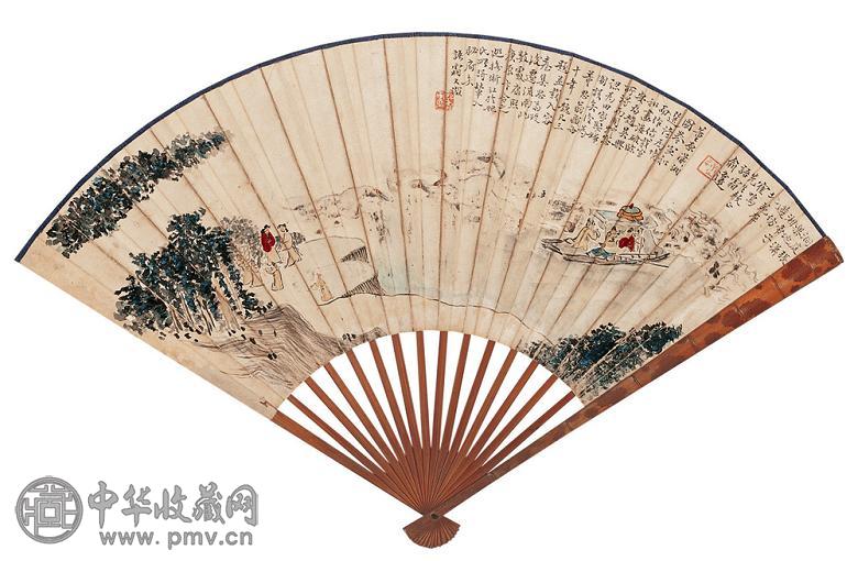 俞语霜 黄燕卿 潇湘图 行书 成扇 设色纸本