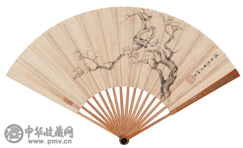 江采 陈巨来 近代 雪梅图 楷书 成扇 水墨纸本