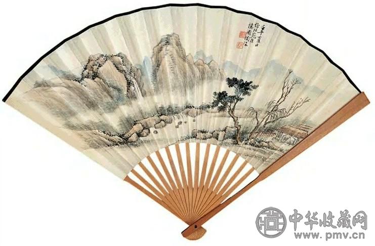 陶洙 1942年作 夏山图 行书 扇面 设色笺本