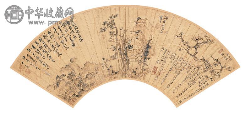 张昉 丁良卯 蓝孟 张琎 山水花卉集锦 扇面 水墨金笺