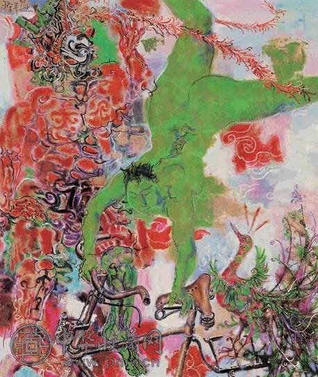 贾涤非 1999年 自行车上的天王与少女 布面油画