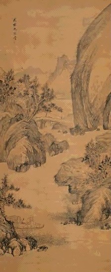 仇琛 崖间问答 立轴 设色绢本