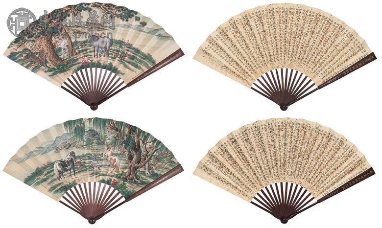 郎世宁 彭元瑞 梁国治 近代 放马图 书法成扇(1对) 扇面 设色纸本