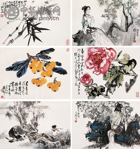 韩硕 韩敏 汪观清 等 风竹图等 册页(10开选6) 设色纸本